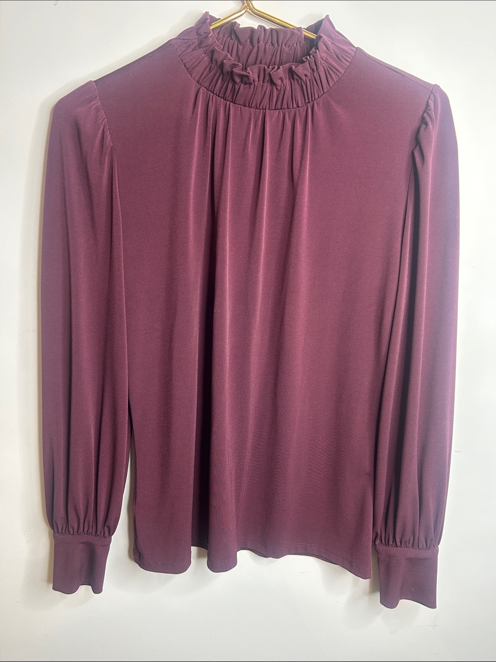 Ann Taylor Plum Ruffle-Neck Long Sleeve Blouse